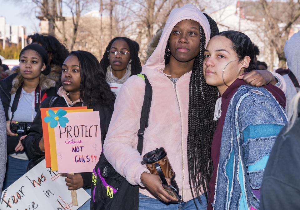 Students at Philadelphia High School of Creative And Performing Arts participate in the walkout.&nbsp;