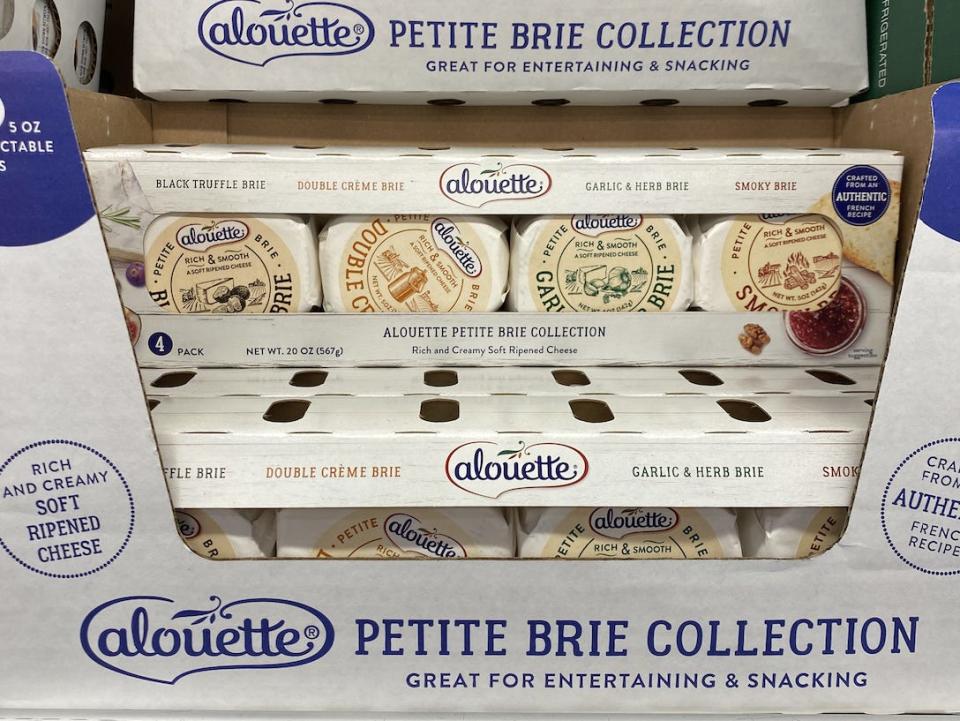 Boxes of petite brie wheels at Costco