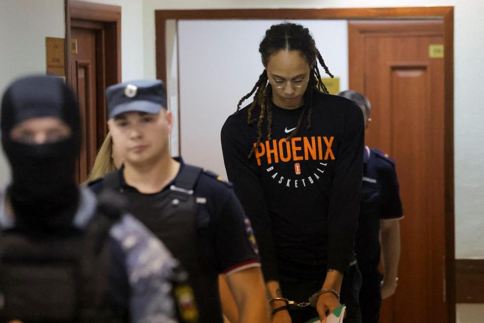 Brittney Griner enters the courtroom to testify during her Russian trial for drug smuggling.