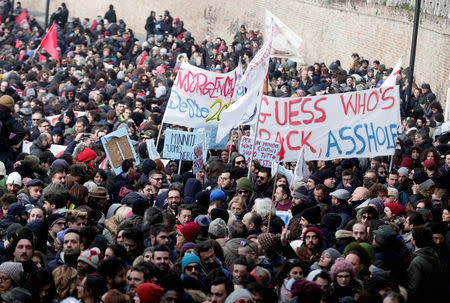 Demonstrators march during an anti-racism rally in Macerata, Italy, February 10, 2018. REUTERS/Yara Nardi