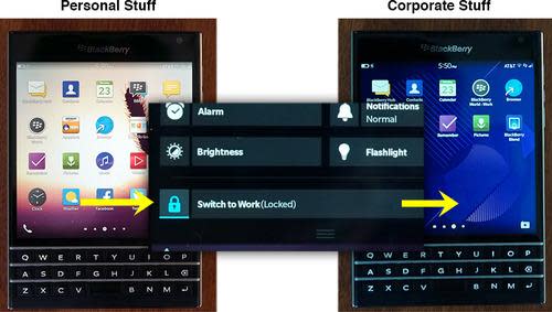 Screens showing personal and corporate sides of a BlackBerry Passport