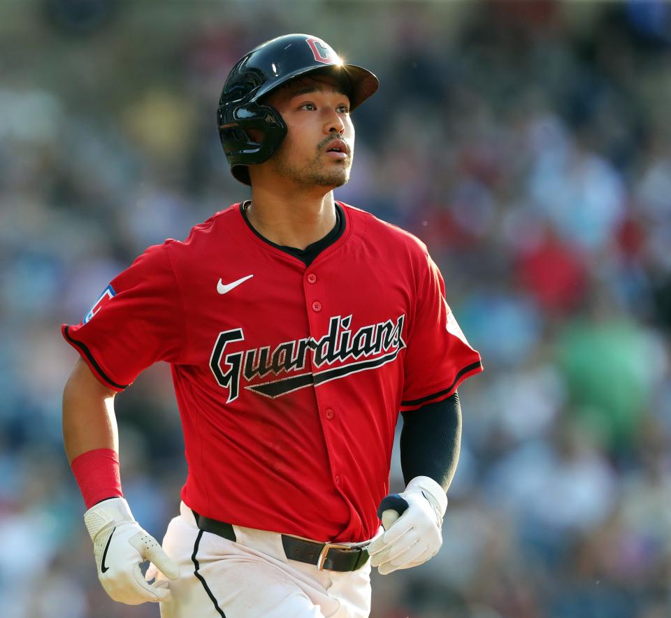 Cleveland Guardians' Steven Kwan (38) watches his home run hit the foul pole in right field during a game against the Seattle Mariners on June 19 in Cleveland.