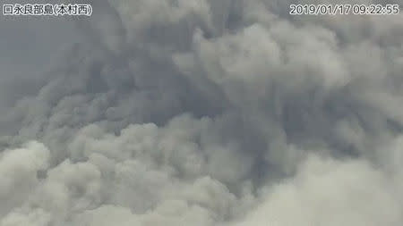 A video grab from the Japan Meteorological Agency's live camera image shows an eruption of Kuchinoerabu Island in Yakushima town, Kagoshima prefecture, southwestern Japan, January 17, 2019. Japan Meteorological Agency/Handout via REUTERS