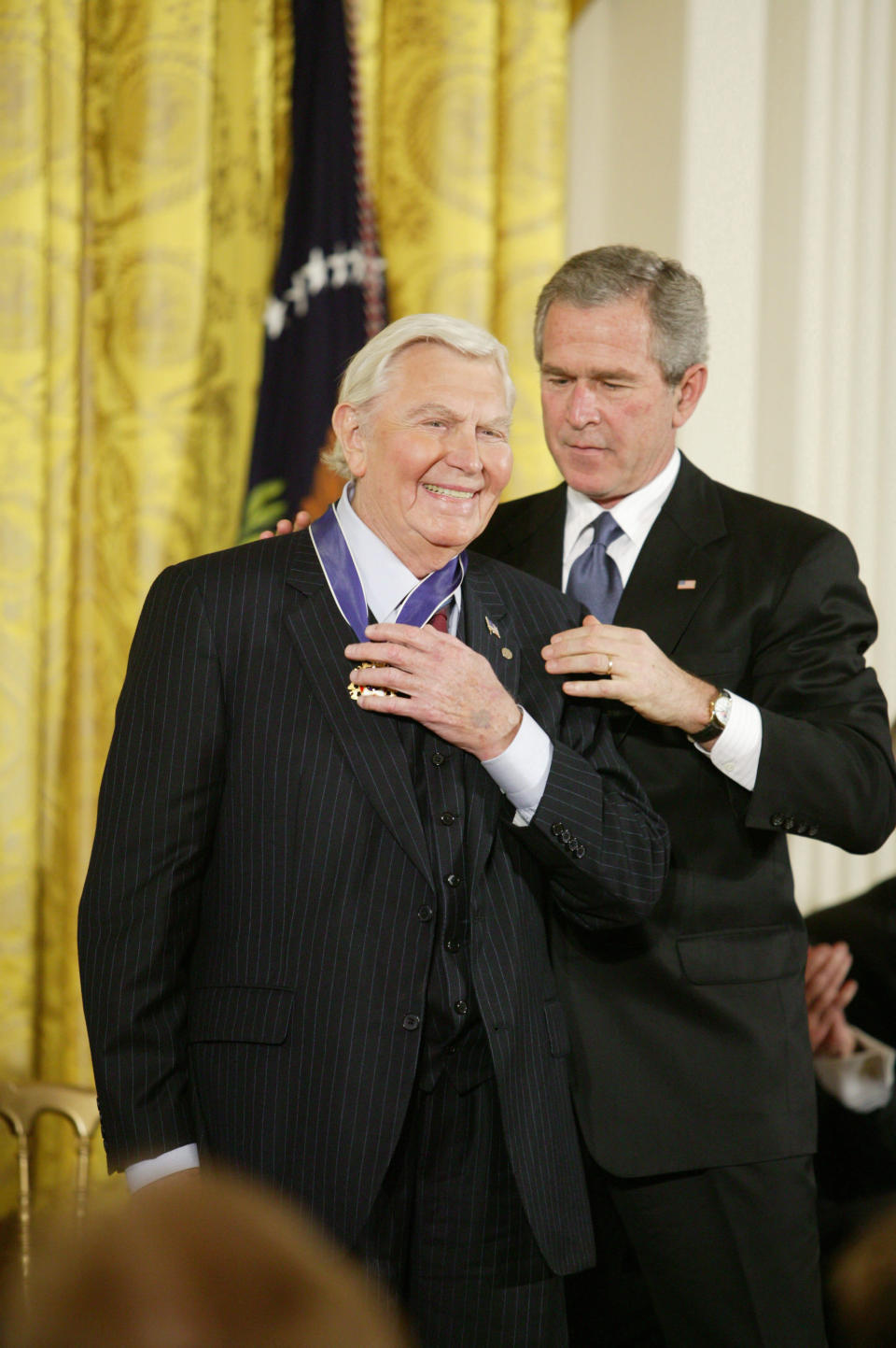 UNITED STATES - NOVEMBER 09: Andy Samuel Griffith and President George W. Bush at the Freedom Awards Ceremony at the White House in Washington D.C. on November 9, 2005. (Photo by Douglas A. Sonders/Getty Images)