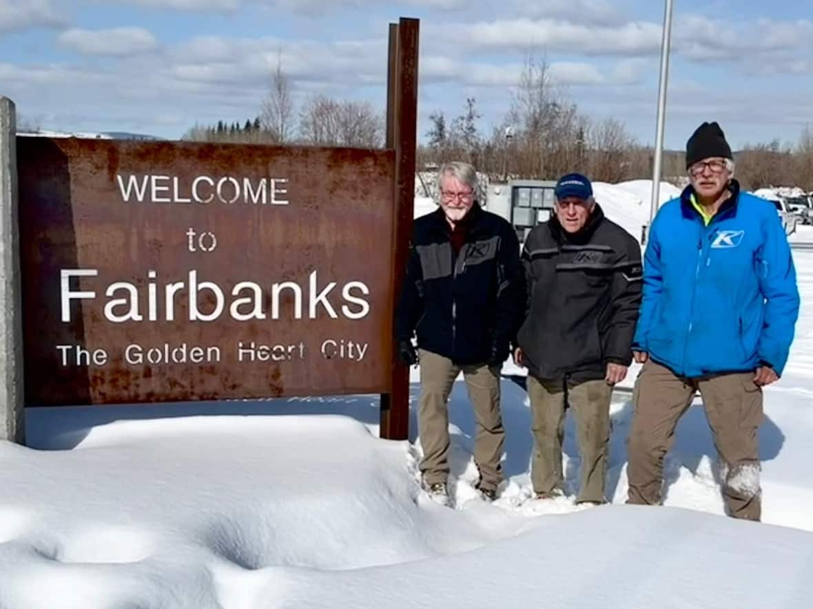 The '3 Old Guys' — Rob Hallstrom, Rex Hibbert and Paul Dick — left Grand Rapids, Minn., on March 6 and reached Fairbanks, Alaska, on Wednesday.  (Submitted by Rob Hallstrom - image credit)