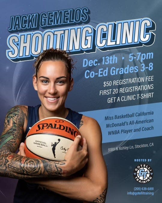 A flyer for Jacki Gemelos' Shooting Clinic which will be held on Dec. 13 in Stockton, CA.