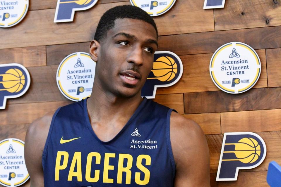 Reggie Perry speaks to the media after Pacers practice at Ascension St. Vincent Center in Indianapolis on Feb. 5, 2022.