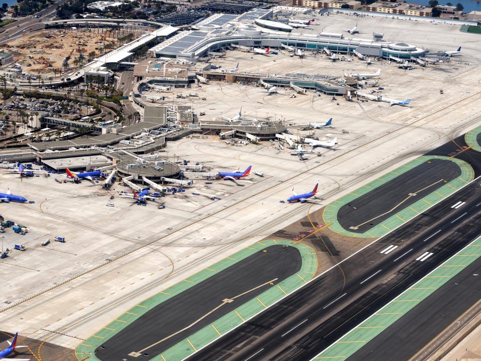 Helicopter point of view of San Diego International Airport.