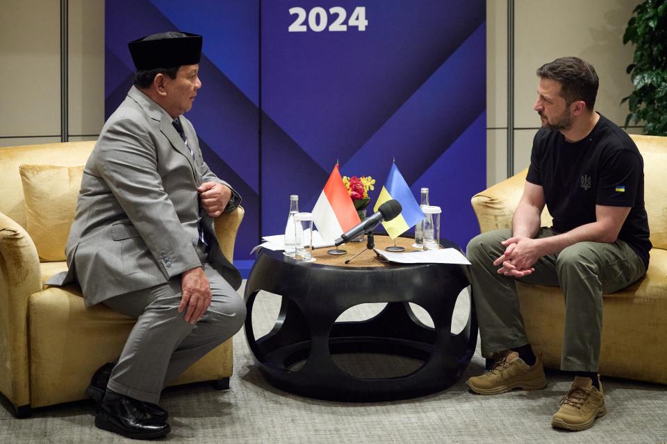 In this handout photograph taken and released by the Ukrainian Presidential Press Service on 1 June 2024, Ukraine's president Volodymyr Zelensky (R) attends a meeting with Indonesia's defence minister and president-elected Prabowo Subianto (L) during Shangri-La Dialogue Summit in Singapore (AFP)