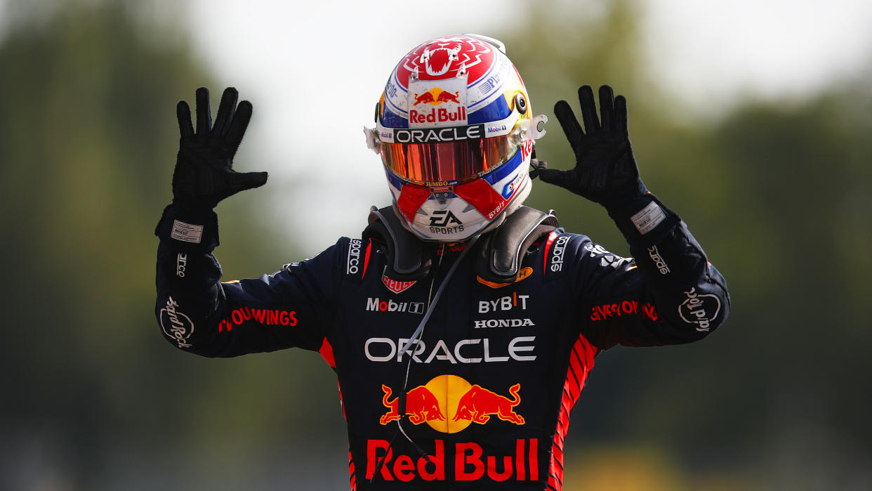MONZA, ITALY - SEPTEMBER 03: Race winner Max Verstappen of the Netherlands and Oracle Red Bull Racing celebrates his record tenth consecutive race win in parc ferme during the F1 Grand Prix of Italy at Autodromo Nazionale Monza on September 03, 2023 in Monza, Italy. (Photo by Joe Portlock - Formula 1/Formula 1 via Getty Images)