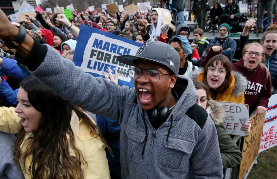 James pictured during a rally in Boston in 2018. Boston Globe via Getty Images