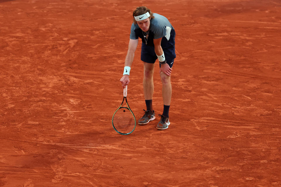 Andrey Rublev (pictured) looking exhausted at the French Open.