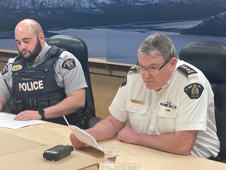 Yukon RCMP Chief Supt. Scott Sheppard, right, at a news conference in Whitehorse in March 2024.