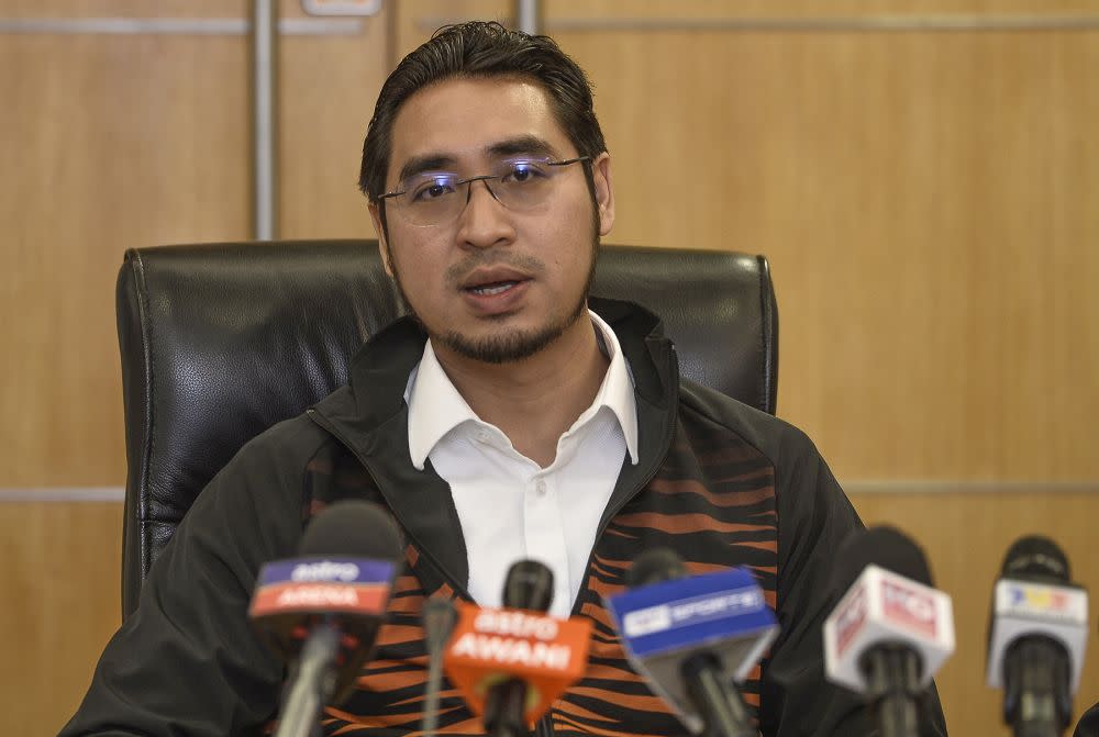 Deputy Youth and Sports Minister Wan Ahmad Fayhsal Wan Ahmad Kamal speaks to reporters during a press conference in Putrajaya July 8, 2020. — Picture by Miera Zulyana