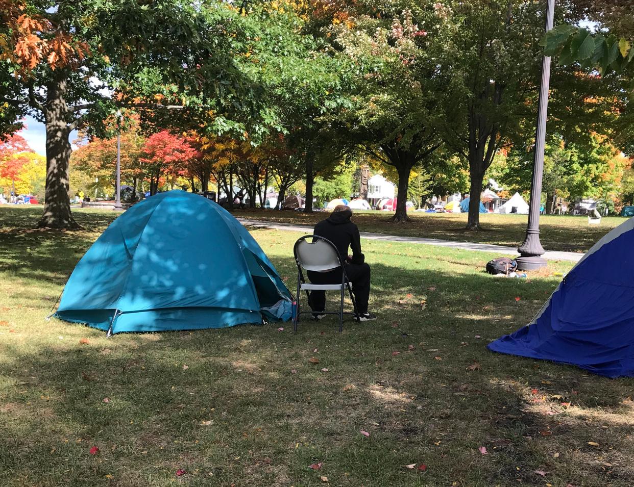 Joe Chambers, 47, sits next to his tent at Battery Park in Burlington on Oct. 1, 2020.
Chambers says he is homeless, and has no idea of where he'll go next after camping at a weeks-long demonstration here in support of racial justice.