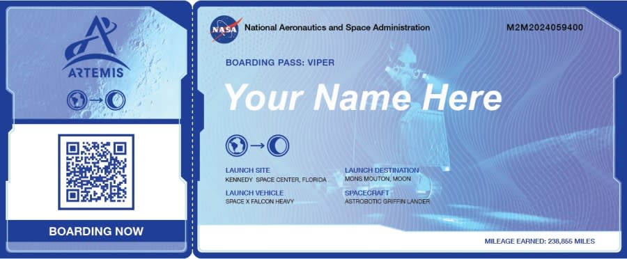 Create and download your virtual boarding pass to the VIPER mission with your name on it (Photo: NASA Ames Research Center)