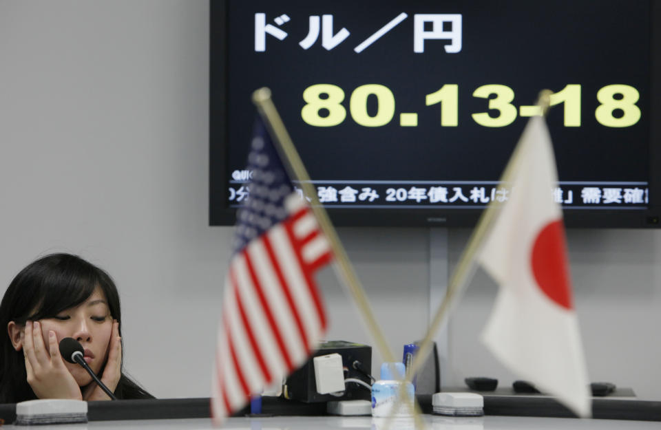 A money dealer reacts at a foreign exchange brokerage as the U.S. dollar is traded at 80.13 -18 yen range in Tokyo Thursday, Feb. 23, 2012. Asian stock markets were mostly lower Thursday as investors fretted over the details of a deal to save Greece from financial collapse and preserve its place among nations that use the euro. But Japan's 225 Nikkei added 41.57 points to 9,595.57 as the dollar traded near a seven-month high against the yen. (AP Photo/Koji Sasahara)