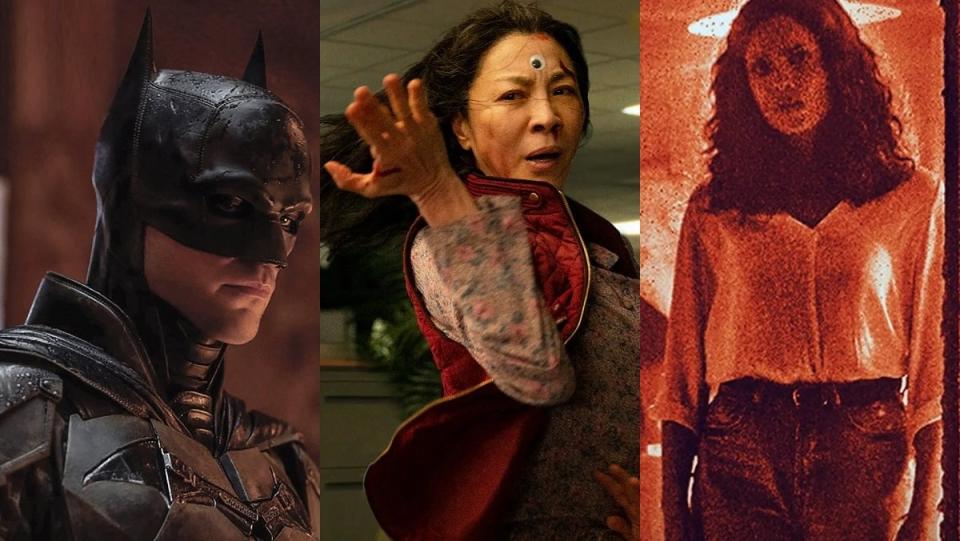 L-R: Robert Pattinson in The Batman; Michelle Yeoh in Everything Everywhere All at Once; Georgina Campbell in Barbarian