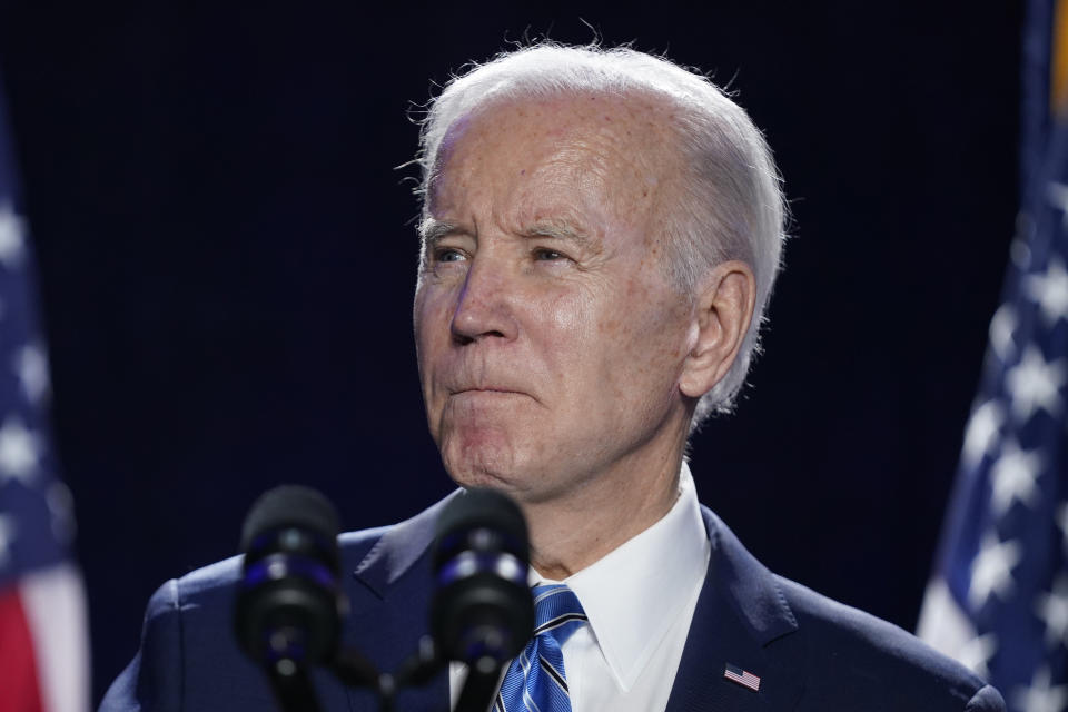 FILE - President Joe Biden speaks to the House Democratic Caucus Issues Conference, Wednesday, March 1, 2023, in Baltimore. Biden has told Senate Democrats that he'll sign a bill overriding the District of Columbia’s effort to overhaul how the city prosecutes and punishes crime. A resolution that would block the changes has passed the Republican-controlled House with some Democratic support and appears poised to clear Senate on a bipartisan basis as well, perhaps as early as next week. (AP Photo/Evan Vucci, File)