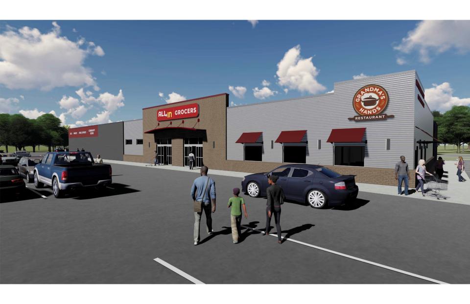 This is an architectural rendering of the All-In Grocers complex that Rodney Anderson and Lance Dunn are building in Waterloo, Iowa.