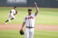 Atlanta Braves closer Will Smith (51) celebrates a pop up during the ninth inning of Game 3 of a baseball National League Division Series against the Milwaukee Brewers, Monday, Oct. 11, 2021, in Atlanta. The Atlanta Braves won 3-0. (AP Photo/Brynn Anderson)
