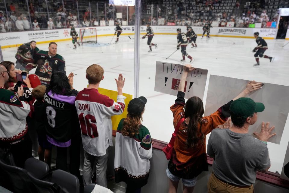 Fans at the Arizona Coyotes final home game against the Edmonton Oilers at Mullett Arena on April 17, 2024, in Tempe.