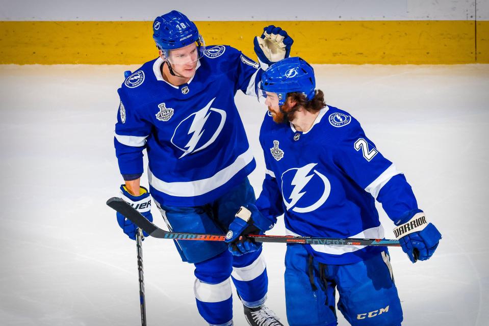 Tampa Bay Lightning left wing Ondrej Palat (18) and center Brayden Point (21) celebrate a goal against the Dallas Stars during the first period,