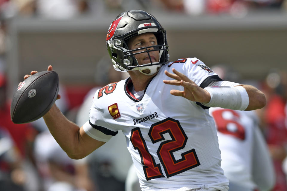 Tampa Bay Buccaneers quarterback Tom Brady (12) throws a pass against the Miami Dolphins during the first half of an NFL football game Sunday, Oct. 10, 2021, in Tampa, Fla. (AP Photo/Jason Behnken)