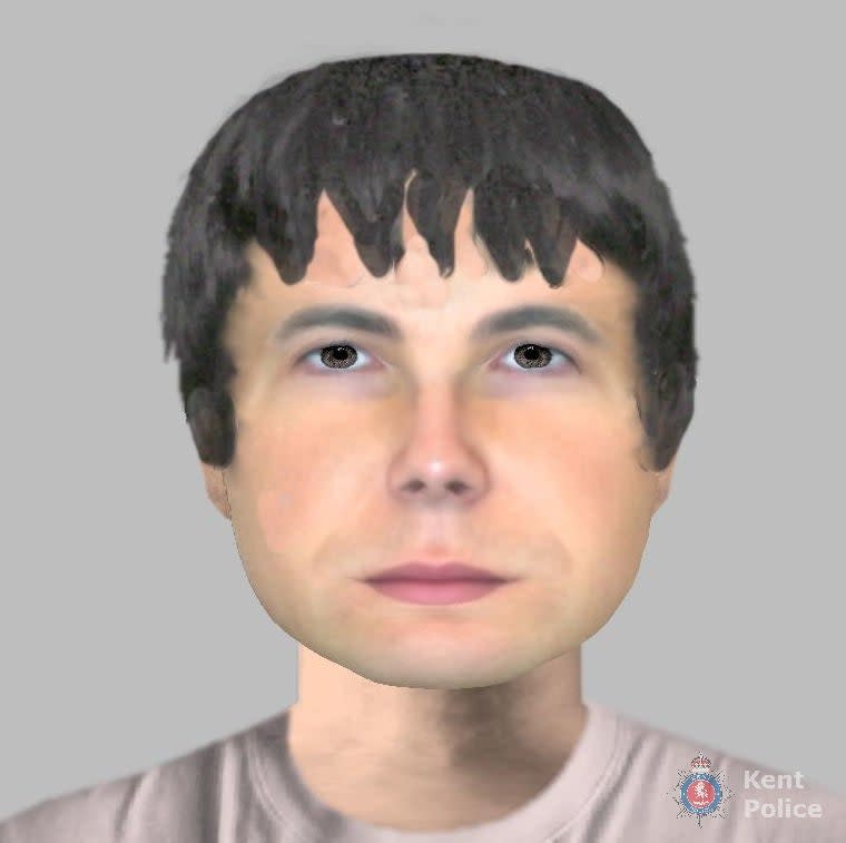E-fit of an unidentified male with a unique layered haircut, released by Kent Police