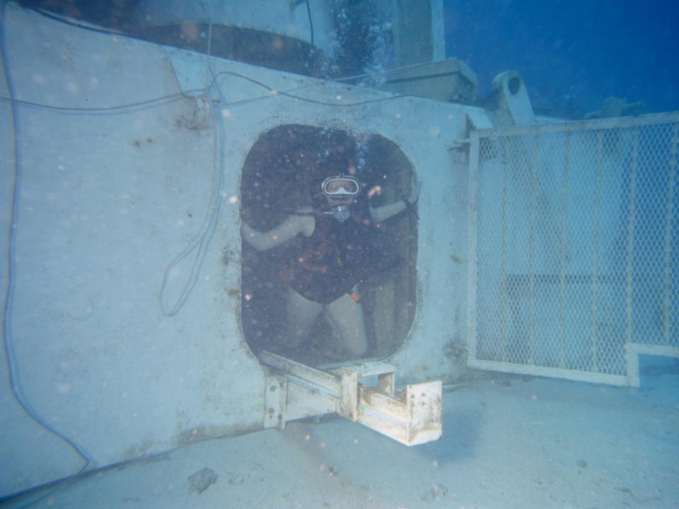 Sylvia Earle comes out of the underwater habitat to start an experiment in 1970.