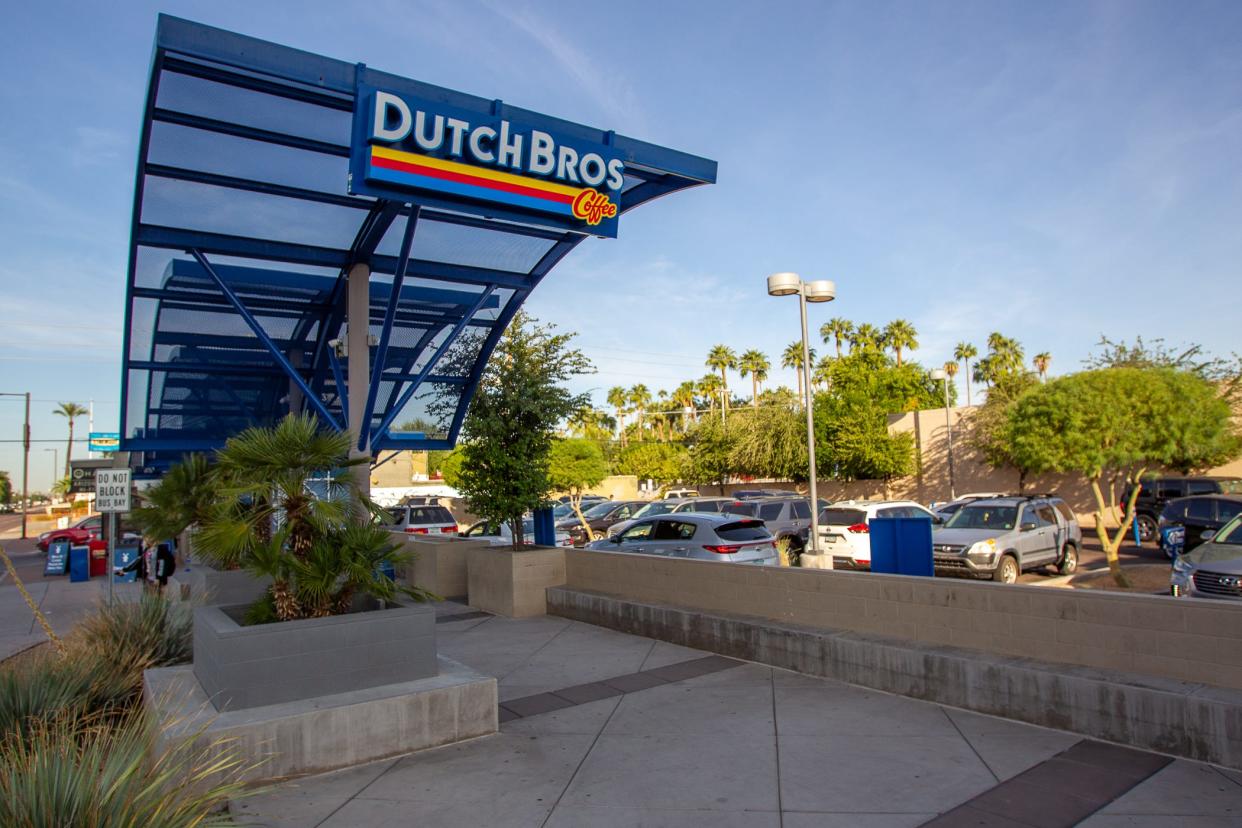 The Dutch Bros. coffee kiosk operates a drive-thru and and walk-up window, but does not have an interior dining room or service counter.