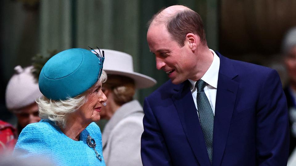 Queen Camilla and Prince William talking