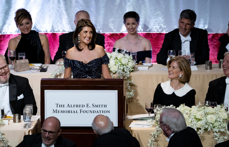 Keynote speaker Ambassador to the United Nations Nikki Haley addresses the 73rd Annual Alfred E. Smith Memorial Foundation Dinner Thursday, Oct. 18, 2018, in New York. (AP Photo/Craig Ruttle)