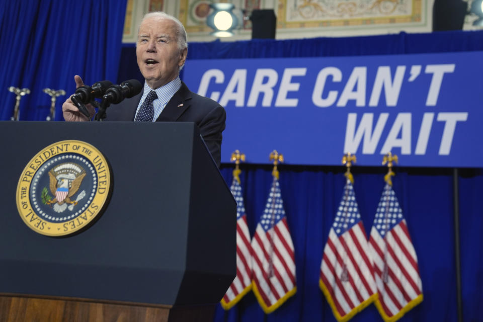 FILE - President Joe Biden delivers remarks on proposed spending on child care and other investments in the "care economy" during a rally at Union Station, April 9, 2024, in Washington. As Biden runs for reelection, he's resurrecting proposals to reshape American life from the cradle to the grave by lowering the cost of child care, expanding preschool opportunities and raising pay for those who care for the elderly. (AP Photo/Evan Vucci, File)