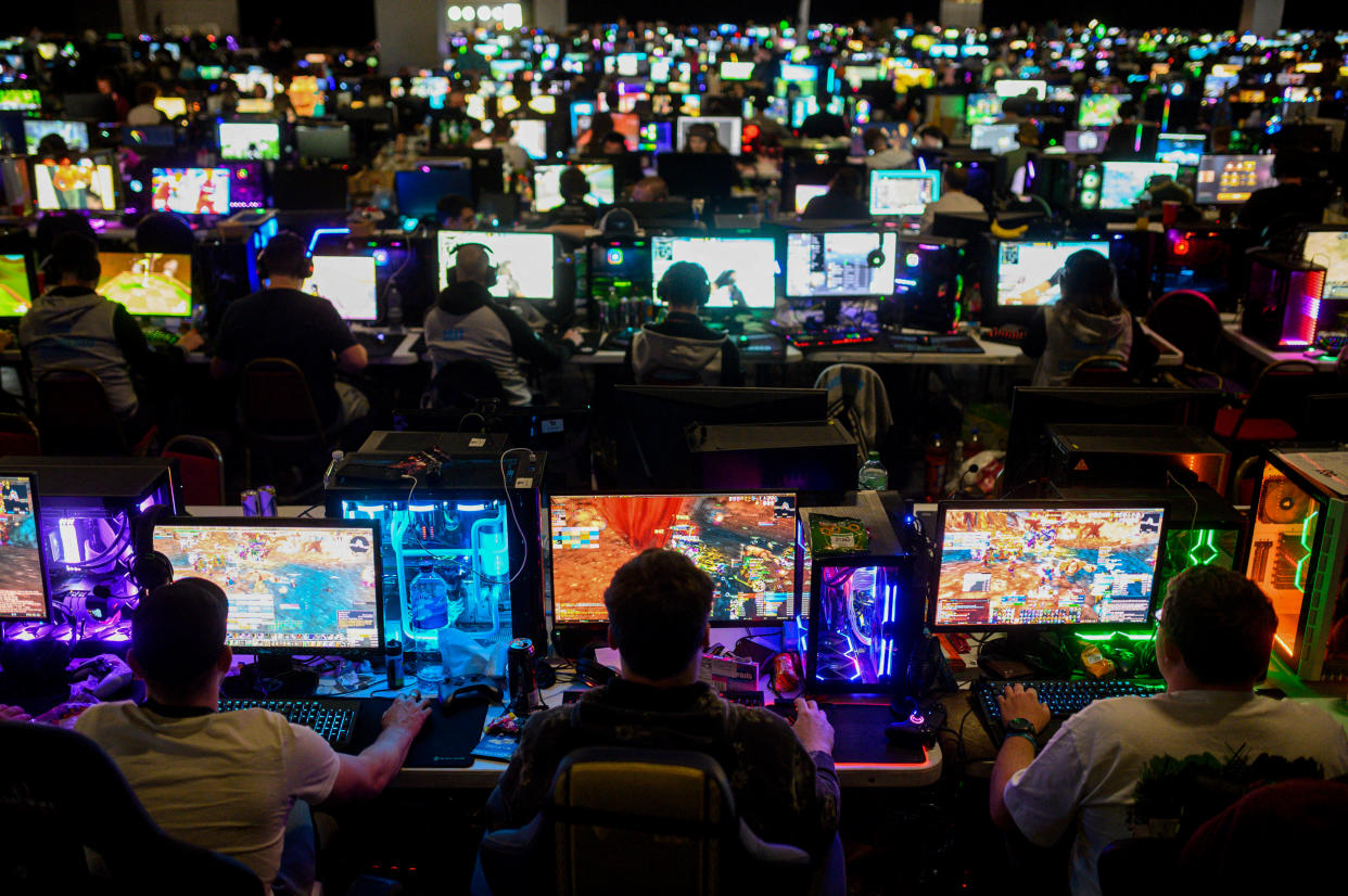 Members of the gaming community compete during the four-day Insomnia Gaming Festival in Birmingham, England, on April 17, 2022. (Oli Scharff / AFP via Getty Images file)