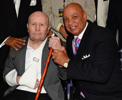 Former boxing referee Mills Lane (L) and boxing referee Joe Cortez at their induction into the Nevada Boxing Hall of Fame on Aug. 10, 2013 in Las Vegas, Nevada. (Photo by Ethan Miller/Getty Images)