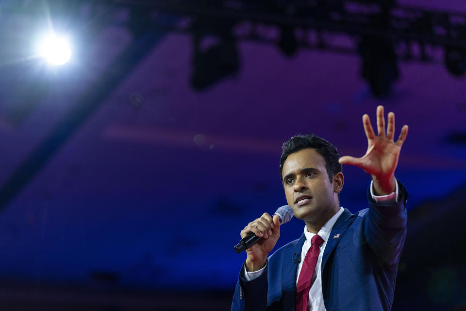 FILE - Vivek Ramaswamy speaks at the Conservative Political Action Conference, CPAC 2023, Friday, March 3, 2023, at National Harbor in Oxon Hill, Md. Ramaswamy, the 37-year-old biotech entrepreneur, is hovering among the top contenders as a Republican presidential candidate while being open about his Hindu faith. (AP Photo/Alex Brandon, File)