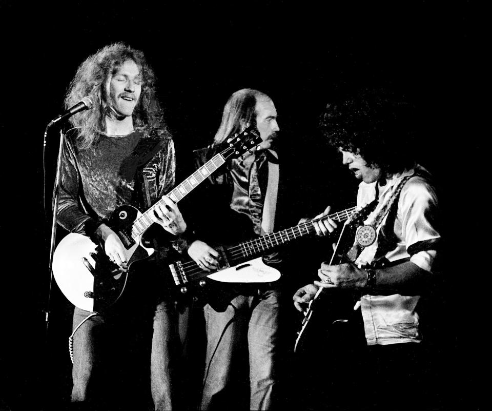 REO Speedwagon lead singer Mike Murphy, left, bassist Gregg Philbin and lead guitarist Gary Richrath are performing before a disappointing crowd of about 4,000 that braved high winds and poor accommodations at the Tennessee State Fairgrounds on Nov. 24, 1973. Five bands play at the show that ran eight hours.