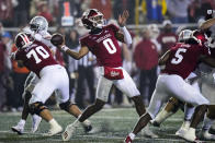 Indiana quarterback Donaven McCulley (0) throws while playing Ohio State in the second half of an NCAA college football game in Bloomington, Ind., Saturday, Oct. 23, 2021. (AP Photo/AJ Mast)