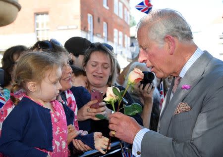 Britain's Prince Charles smells a flower as he greets well-wishers during a visit to Salisbury in southwest Britain, June 22, 2018. REUTERS/Toby Melville