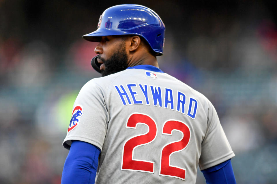 CLEVELAND, OH - MAY 11, 2021: Jason Heyward #22 of the Chicago Cubs stands at third base in the sixth inning of a game against the Cleveland Indians at Progressive Field on May 11, 2021 in Cleveland, Ohio. (Photo by: 2021 Nick Cammett/Diamond Images via Getty Images)