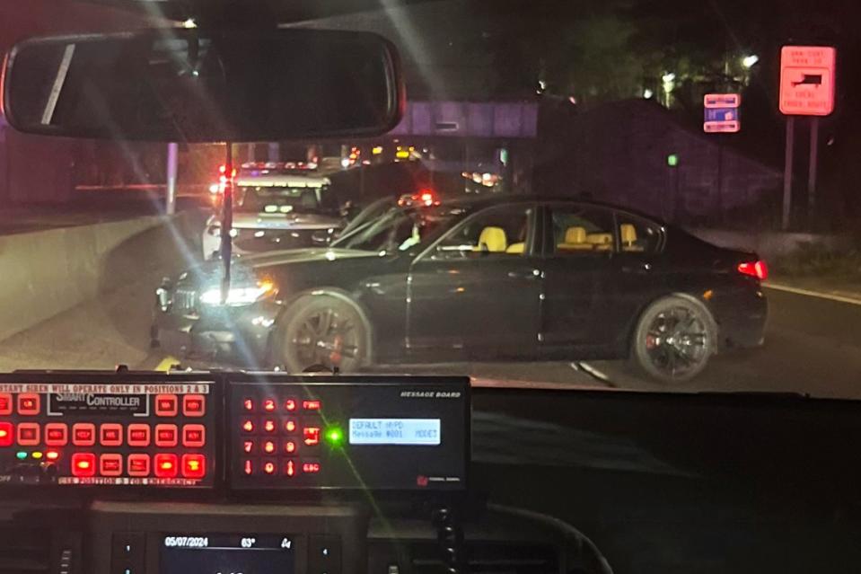 Joseph Sadykov’s BMW M5 Competition, which cost him $150,000, was left sideways on the Major Deegan Expressway. Obtained by the NY Post