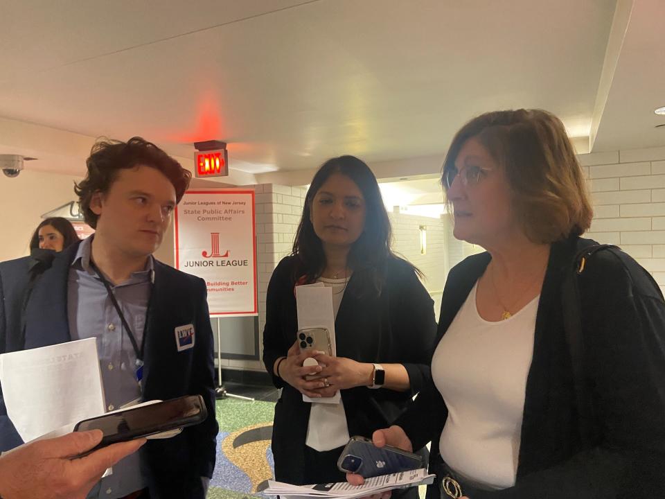 Philip Hensley of the League of Women Voters, Arati Kreibich of the Working Families Party, Maura Collinsgru of New Jersey Citizen Action, urge lawmakers to vote against the Elections Transparency Act in Trenton on March 30, 2023.