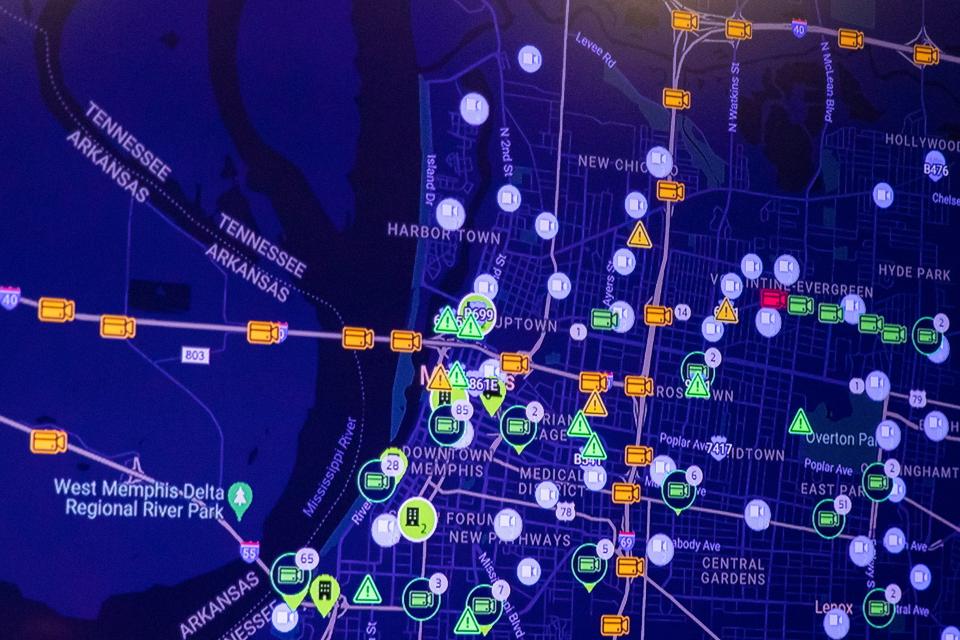 A map of Memphis within the Connect Memphis program displaying cameras that are either registered or integrated within the program is seen projected at the Memphis Police Department’s real time crime center on Wednesday, February 14, 2024.