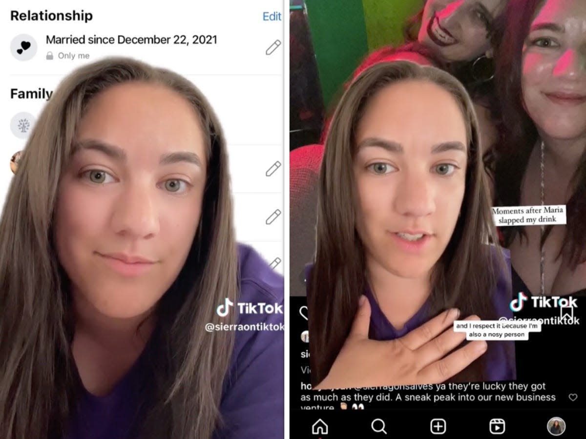 collage of screenshots from @sierraontiktok's tiktok about soft-launching divorce on social media