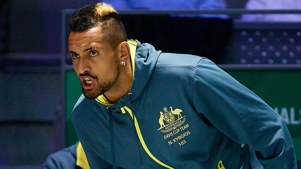 Nick Kyrgios of Australia cheers up during Day Four of the 2019 Davis Cup at La Caja Magica on November 21, 2019 in Madrid, Spain. (Photo by David Aliaga/MB Media/Getty Images)