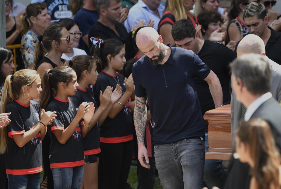 Sala's former team mate at Nantes, Nicolas Pallois, carries the coffin together with Sala's brother, Dario, and relatives (Gustavo Garello/Getty Images)