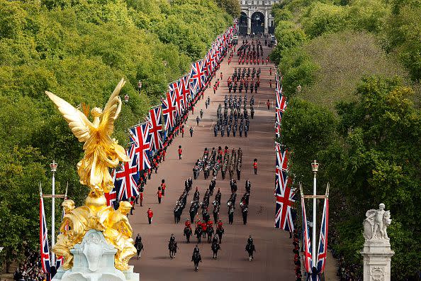 LONDON, ENGLAND - SEPTEMBER 19: A general view of Mounties of the Royal Canadian Mounted Police along The Mall on September 19, 2022 in London, England. Elizabeth Alexandra Mary Windsor was born in Bruton Street, Mayfair, London on 21 April 1926. She married Prince Philip in 1947 and ascended the throne of the United Kingdom and Commonwealth on 6 February 1952 after the death of her Father, King George VI. Queen Elizabeth II died at Balmoral Castle in Scotland on September 8, 2022, and is succeeded by her eldest son, King Charles III.  (Photo by Chip Somodevilla/Getty Images)