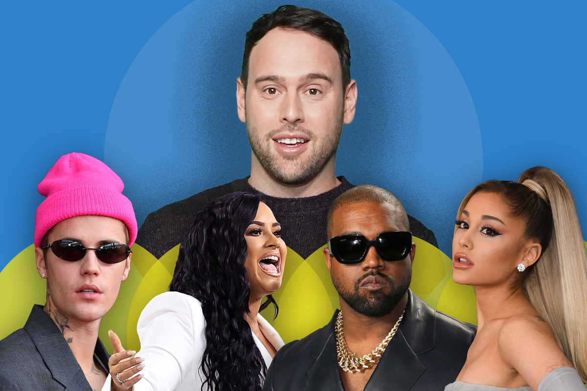 Scooter Braun clients have included Justin Bieber, Ariana Grande, Kanye West, Demi Lovato, and J Balvin  (Getty)