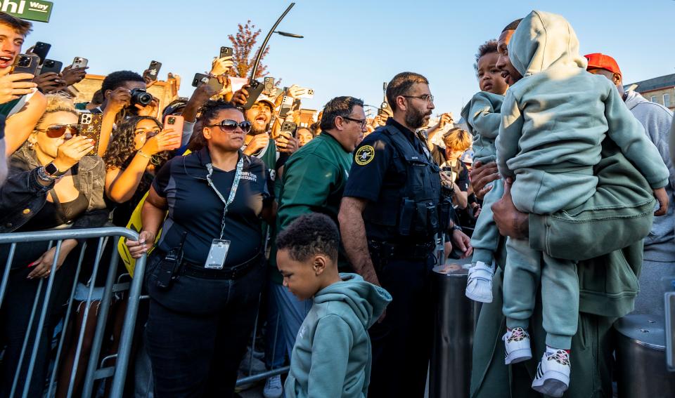 Fans cheer for point guard Damian Lillard as the Milwaukee Bucks host a welcome rally for the newest Bucks player Saturday at the Fiserv Forum plaza.